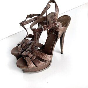 Yves Saint Laurent Bronze Tribute Croc Embossed Platform Leather High Heels Sz 7